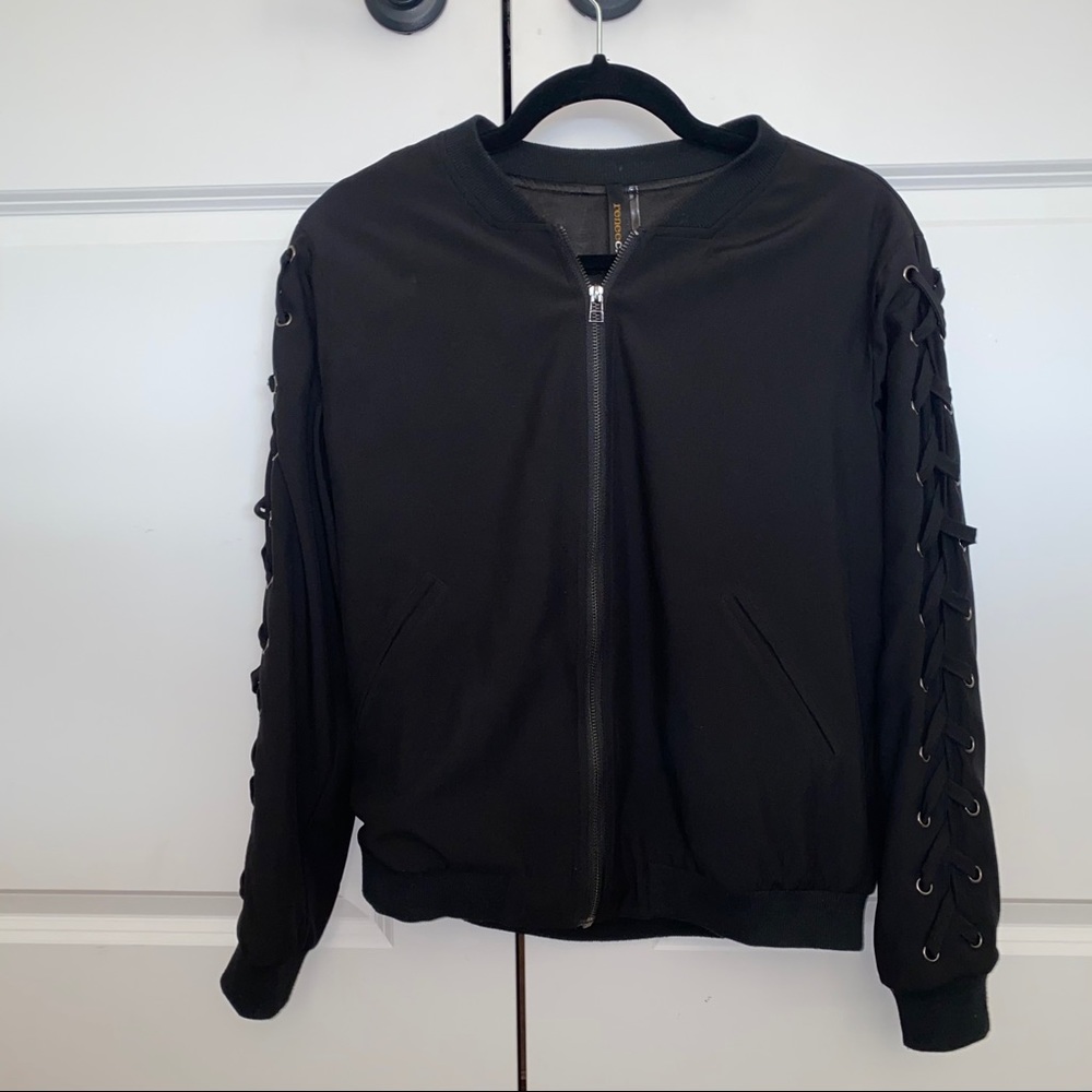 Black Bomber Jacket Lace Up Sleeves sz S/M - Picture 5 of 6